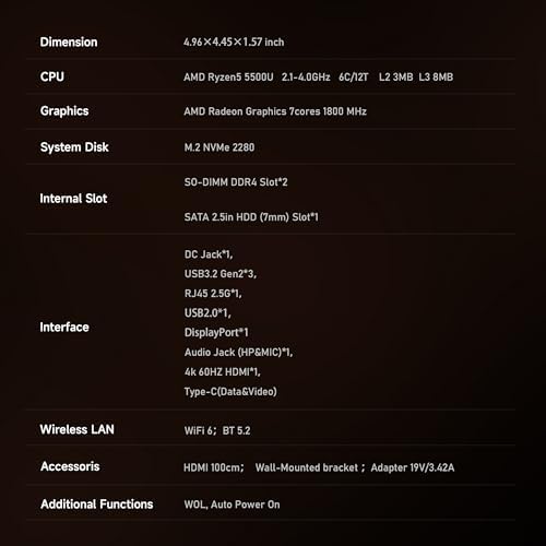 Beelink Mini PC, AMD Ryzen 5500U, 16GB DDR4, 500GB NVMe SSD, Mini Computer for Home and Office, Supports |5G LAN, Triple